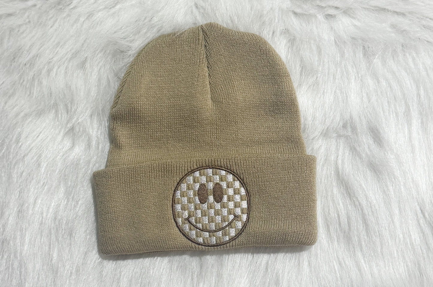 Checkered Smiley Embroidered Beanie