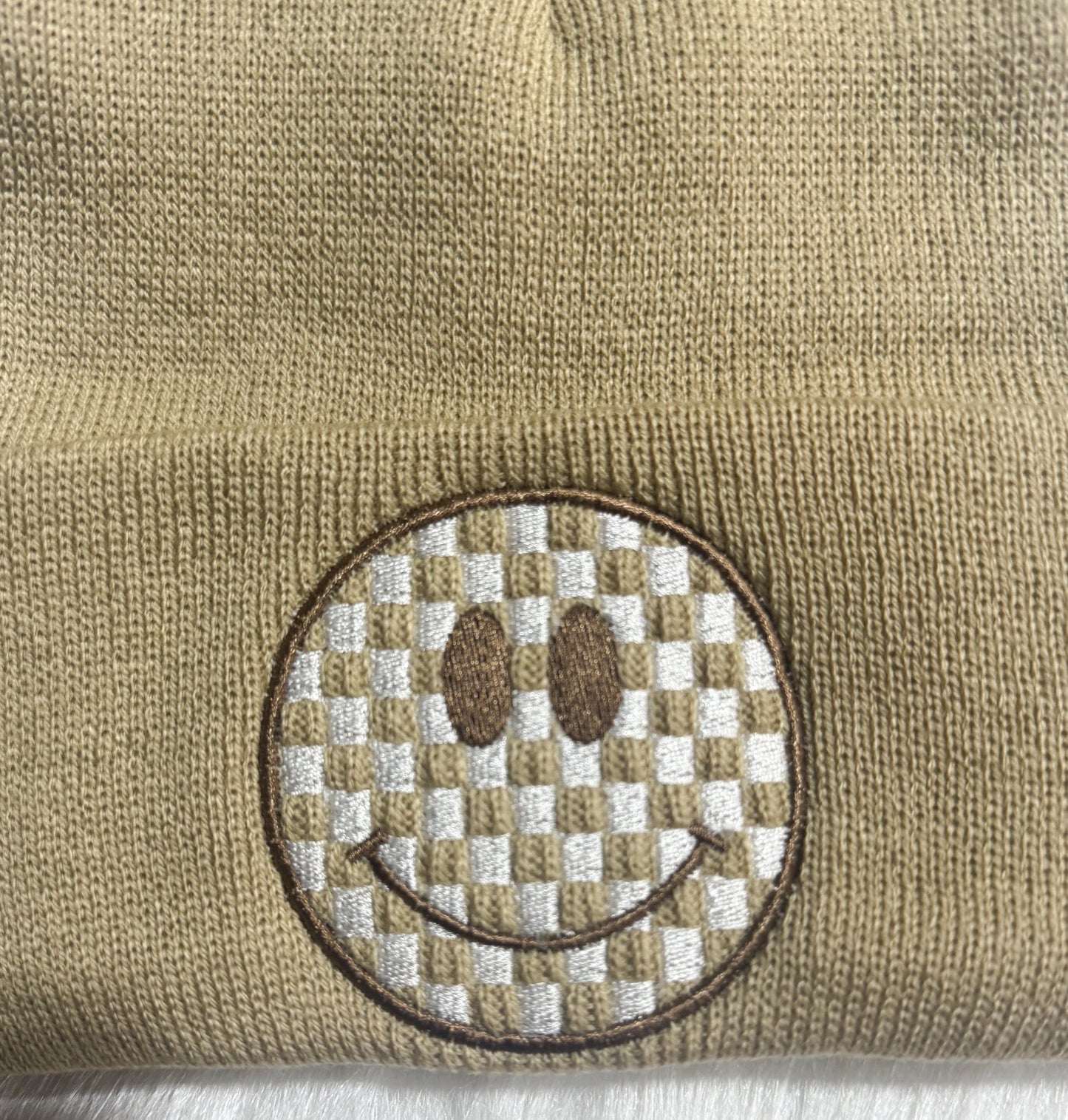 Checkered Smiley Embroidered Beanie