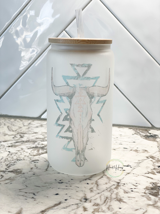 Aztec bull frosted glass can